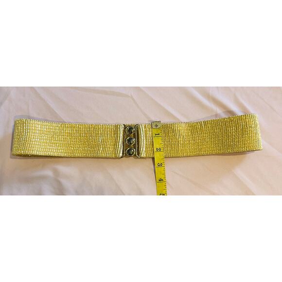 Vintage 80s  Bright Gold Malco Modes Wide Elastic Cinch Belt Gold Metal Buckle - Picture 7 of 8